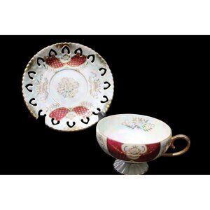 Royal Sealy Vintage Gold & Red Tea Cup & Saucer Set Intricate Cutout Design Perf